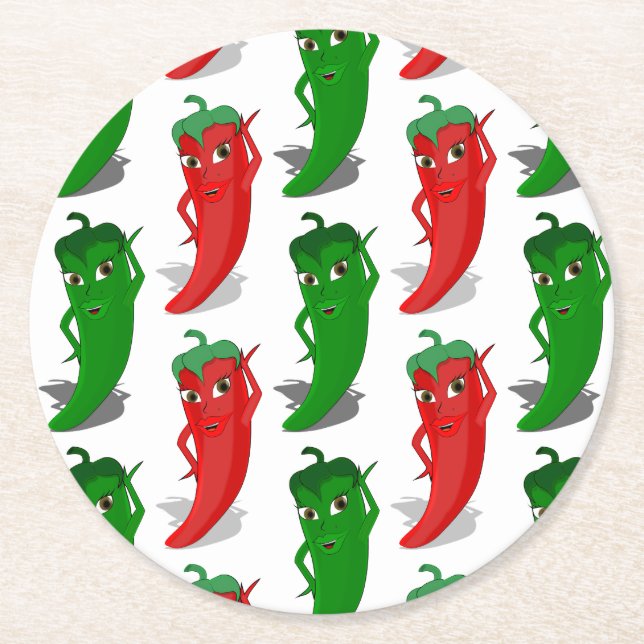 Dessous-de-verre Rond En Papier Motif De Cartoon Rouge Et Vert Pepper Divas (Devant)