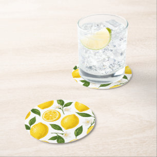 Dessous-de-verre Rond En Papier Motif de citron frais avec feuilles et fleurs