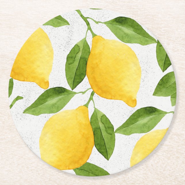 Dessous-de-verre Rond En Papier Motif de citrons d'aquarelle (Devant)