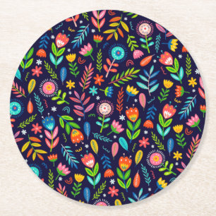 Dessous-de-verre Rond En Papier Motif de fleurs exotiques et de feuilles peintes à