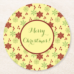 Dessous-de-verre Rond En Papier Motif de flocons de neige rouges et verts vifs