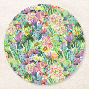Dessous-de-verre Rond En Papier Motif de floraison exotique de cactus d'aquarelle