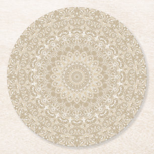 Dessous-de-verre Rond En Papier Motif de mandala d'ornement kaki et blanc