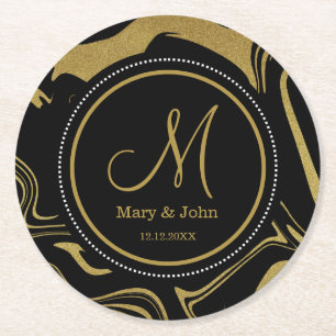 Dessous-de-verre Rond En Papier Motif de marbre noir et or Monogramme de mariage