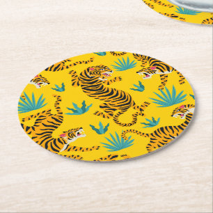 Dessous-de-verre Rond En Papier Motif de tigre d'or asiatique
