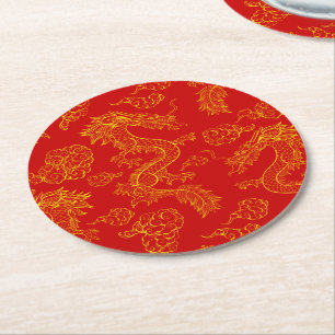 Dessous-de-verre Rond En Papier Motif Dragon Oriental Or et Rouge 