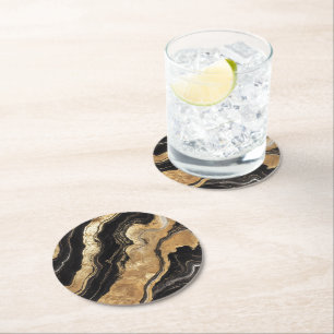 Dessous-de-verre Rond En Papier Motif en marbre noir doré