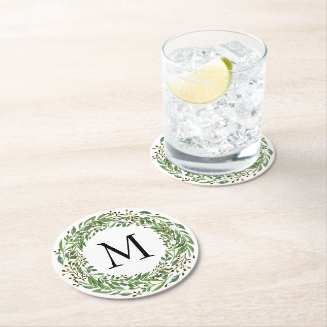 Dessous-de-verre Rond En Papier Motif Feuille de couronnes de couronnes vertes (En situation)