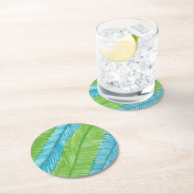 Dessous-de-verre Rond En Papier Motif Feuille Green and Blue Palm (En situation)