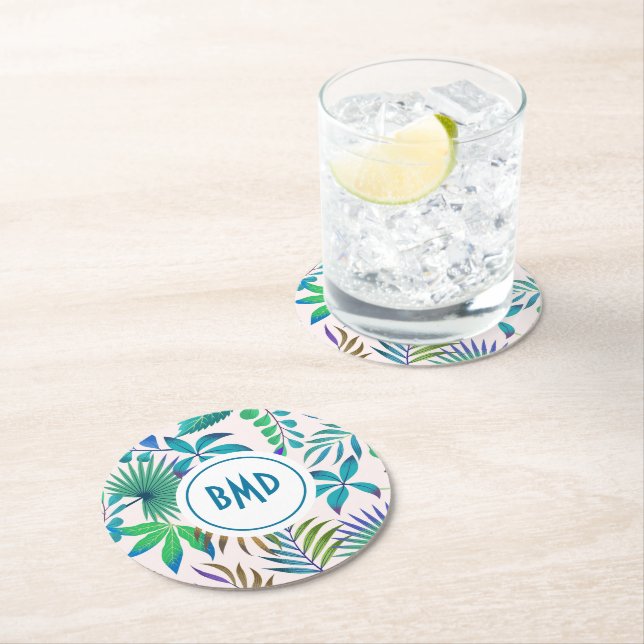 Dessous-de-verre Rond En Papier Motif feuille tropical (En situation)