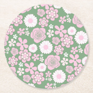 Dessous-de-verre Rond En Papier Motif Fleur Rétro Vert Rose Blanc Y2K 70s