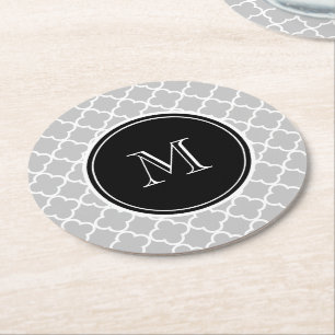 Dessous-de-verre Rond En Papier Motif gris de Quatrefoil, monogramme noir