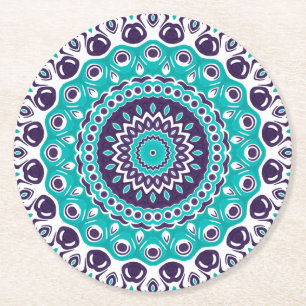 Dessous-de-verre Rond En Papier Motif mandala vibrant aqua et prune