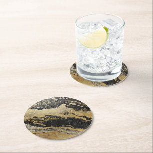 Dessous-de-verre Rond En Papier Motif marbre doré noir
