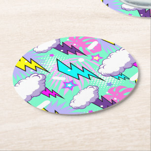 Dessous-de-verre Rond En Papier Motif Neon Lightning Bolts & Stars