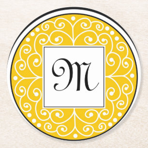 Dessous-de-verre Rond En Papier Motif noir jaune décoré d'un monogramme de remous