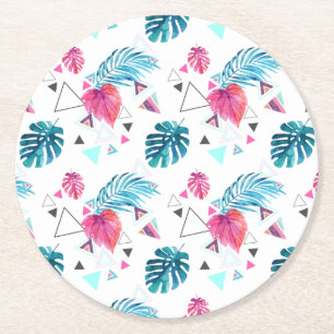 Dessous-de-verre Rond En Papier Motif triangulaire de feuilles tropicales