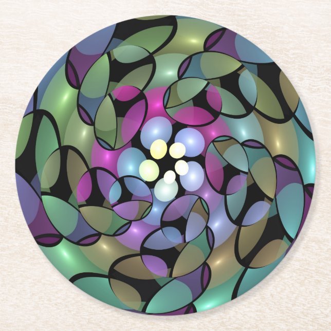 Dessous-de-verre Rond En Papier Mouvements colorés Abstrait Trippy Fractal Art (Devant)