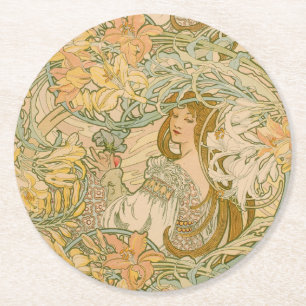 Dessous-de-verre Rond En Papier Mucha Lilies Art Nouveau Langue des Fleurs