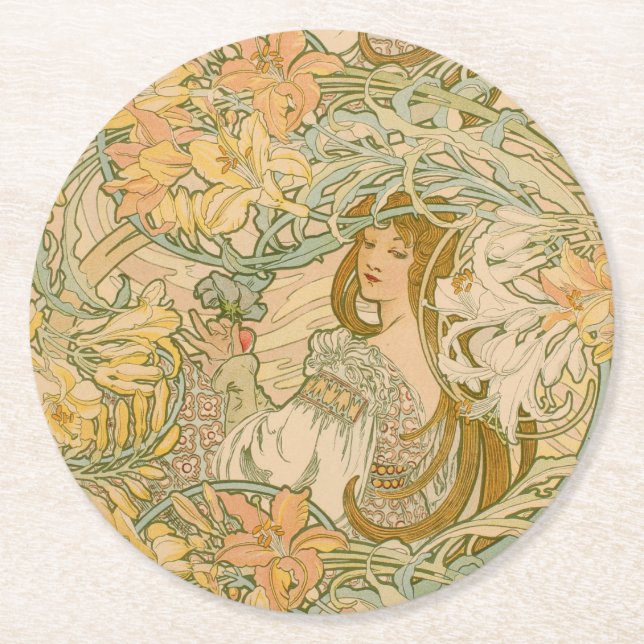 Dessous-de-verre Rond En Papier Mucha Lilies Art Nouveau Langue des Fleurs (Devant)