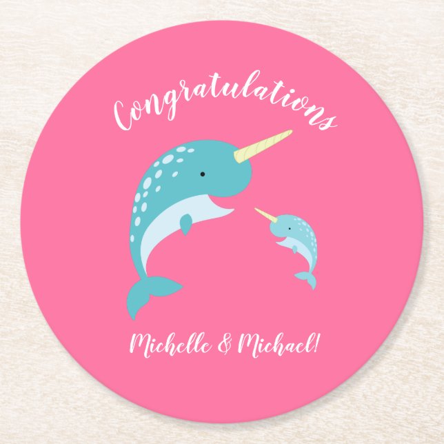Dessous-de-verre Rond En Papier Narwhal Baby shower Rose fille mignonne (Devant)