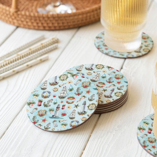 Dessous-de-verre Rond En Papier Nautical Christmas Lighthouse Plage Thème côtier (Créateur téléchargé)