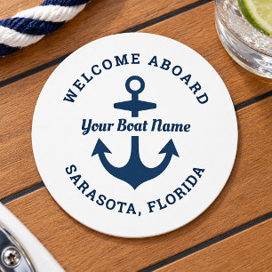 Dessous-de-verre Rond En Papier Nautical White Welcome Aboard Boat Name Anchor