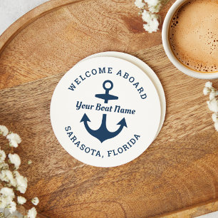Dessous-de-verre Rond En Papier Nautical White Welcome Aboard Boat Name Anchor