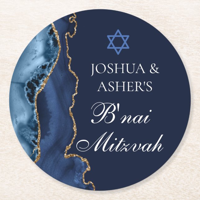 Dessous-de-verre Rond En Papier Navy Blue Gold B'nai Mitzvah Elegant Party (Devant)
