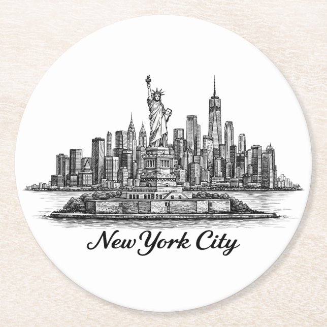 Dessous-de-verre Rond En Papier New York City Skyline Line Art Illustration (Devant)