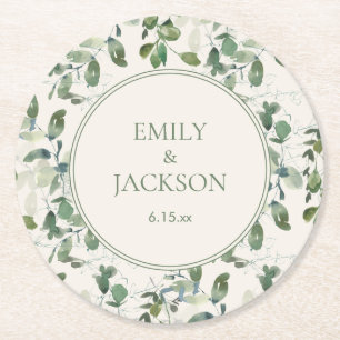 Dessous-de-verre Rond En Papier Noces Crème Feuilles d'Eucalyptus Vert Sauge