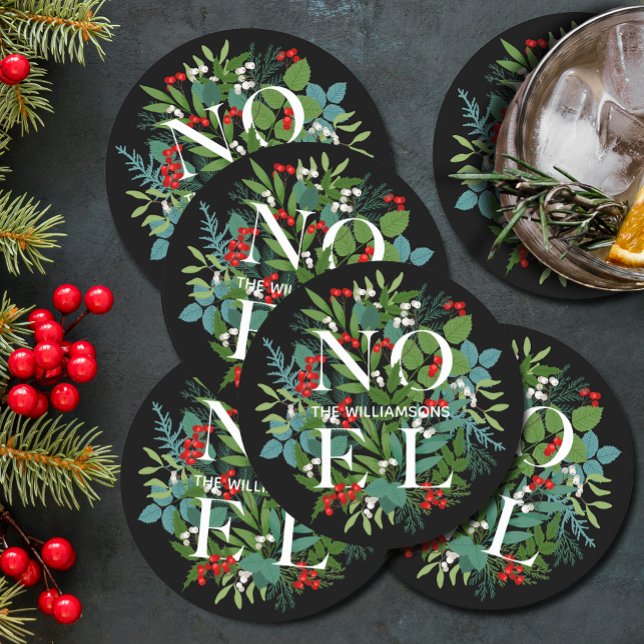 Dessous-de-verre Rond En Papier NOEL Berries Vacances vertes Noires (NOEL winter greenery and berries on black holiday round paper coasters)
