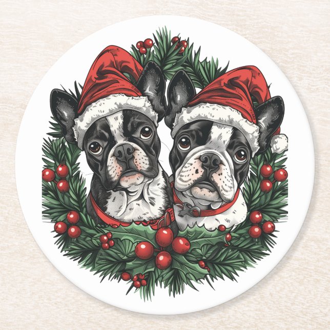Dessous-de-verre Rond En Papier Noël Boston Terrier Chiens de vacances Wreath (Devant)