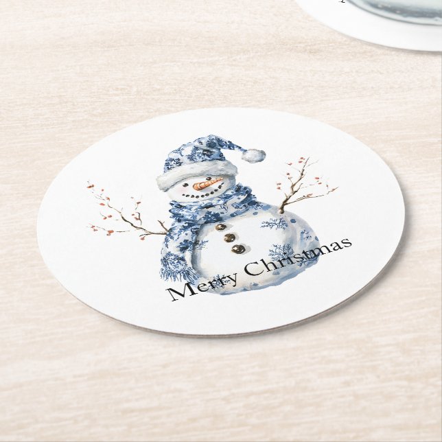 Dessous-de-verre Rond En Papier Noël Chic Bleu Blanc Snowman (Incliné)