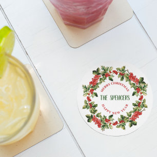 Dessous-de-verre Rond En Papier Noël Holly Feuilles & Berries Joyeux Noël
