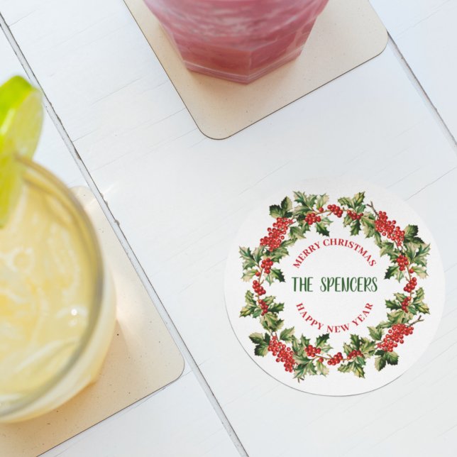 Dessous-de-verre Rond En Papier Noël Holly Feuilles & Berries Joyeux Noël (Créateur téléchargé)