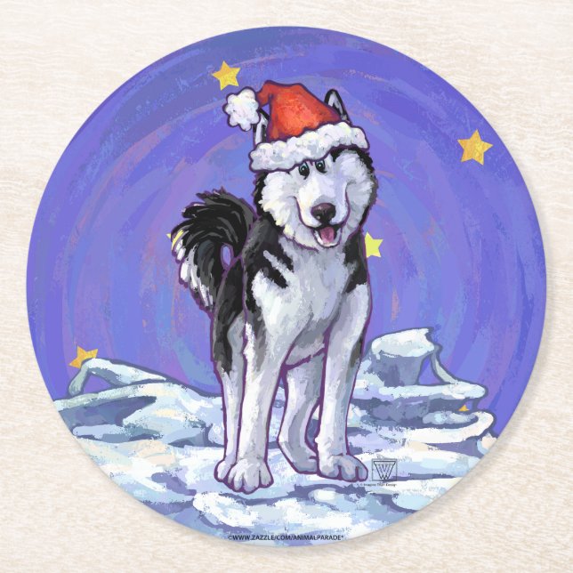 Dessous-de-verre Rond En Papier Noël Husky (Devant)