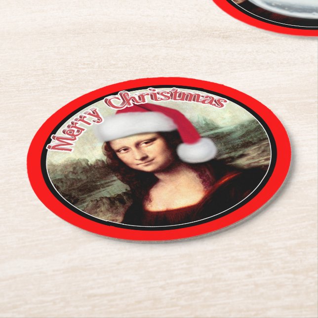Dessous-de-verre Rond En Papier Noël Mona Lisa avec chapeau de Santa (Incliné)