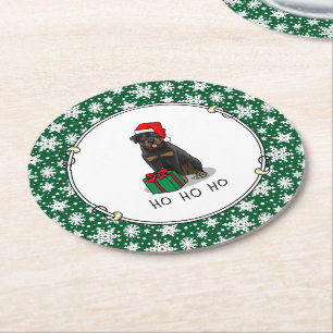 Dessous-de-verre Rond En Papier Noël Père Noël Casquette Rottweiler Chien Drôle