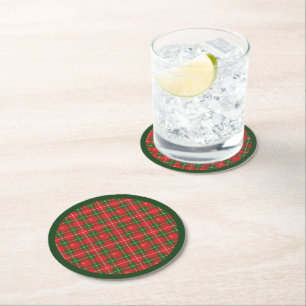 Dessous-de-verre Rond En Papier Noël Plaid Rouge, Vert avec Croix d'or