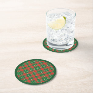 Dessous-de-verre Rond En Papier Noël Plaid Vert, Rouge, Or, Blanc