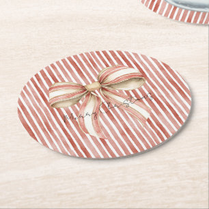 Dessous-de-verre Rond En Papier Noeud Rouge Blanc Rayures Noël Joli 
