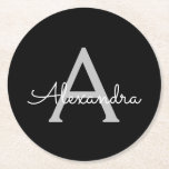 Dessous-de-verre Rond En Papier Noir Argent moderne Script Girl Monogramme Nom<br><div class="desc">Dessous de verre en papier noir et argent simple Script Monogramme Nom. Cela fait le cadeau parfait de remise de diplômes,  anniversaire,  mariage,  douche nuptiale,  anniversaire,  baby shower ou bachelorette pour quelqu'un qui aime le luxe glam et les styles chic.</div>