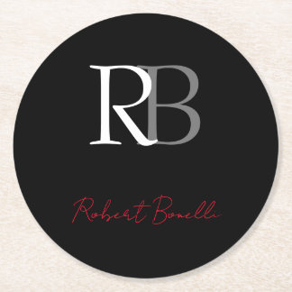 Dessous-de-verre Rond En Papier Noir moderne Noir Monogramme Initiales Nom