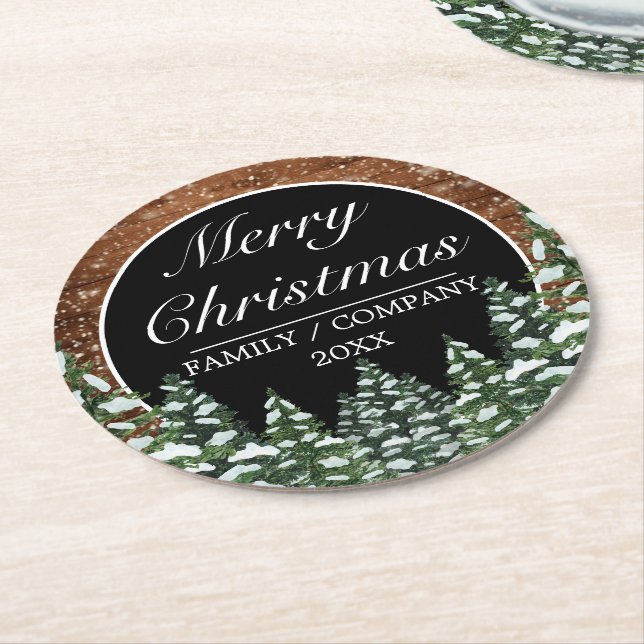 Dessous-de-verre Rond En Papier Noir Snowy Bois & Pin Forêt Joyeux Noël (Incliné)