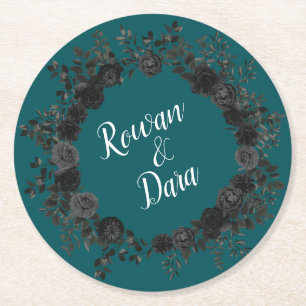 Dessous-de-verre Rond En Papier Noir Turquoise Rose gothique Elégant Mariage