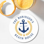 Dessous-de-verre Rond En Papier Nom de famille Beach House Ancre Gold Laurel White<br><div class="desc">Un ensemble élégant de dessous de verre en papier sur le thème nautique avec votre nom de famille personnalisé et maison de plage, maison de lac, ou tout autre texte désiré et date établie. Doté d'une ancre de bateau conçue sur mesure avec des feuilles de laurier de style or et...</div>
