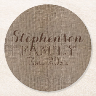 Dessous-de-verre Rond En Papier Nom de famille Burlap Rustic