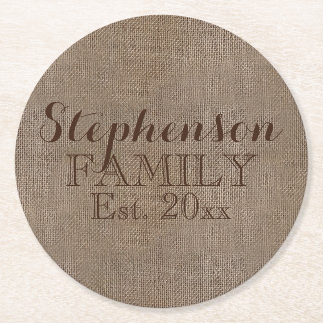 Dessous-de-verre Rond En Papier Nom de famille Burlap Rustic (Devant)
