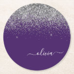 Dessous-de-verre Rond En Papier Nom de monogramme girly pailleté argent violet<br><div class="desc">Sous-verres en papier à monogramme script pailleté violet et argent. C'est le cadeau parfait pour la remise des diplômes,  l'anniversaire,  le mariage,  la douche de mariée,  l'anniversaire de mariage,  la baby shower ou l'enterrement de vie de jeune fille pour quelqu'un qui aime le luxe clinquant et les styles chics.</div>